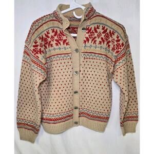 Vintage Knitted Hearts Snowflake Womans Cardigan Wool Sweater Small Petite Cream